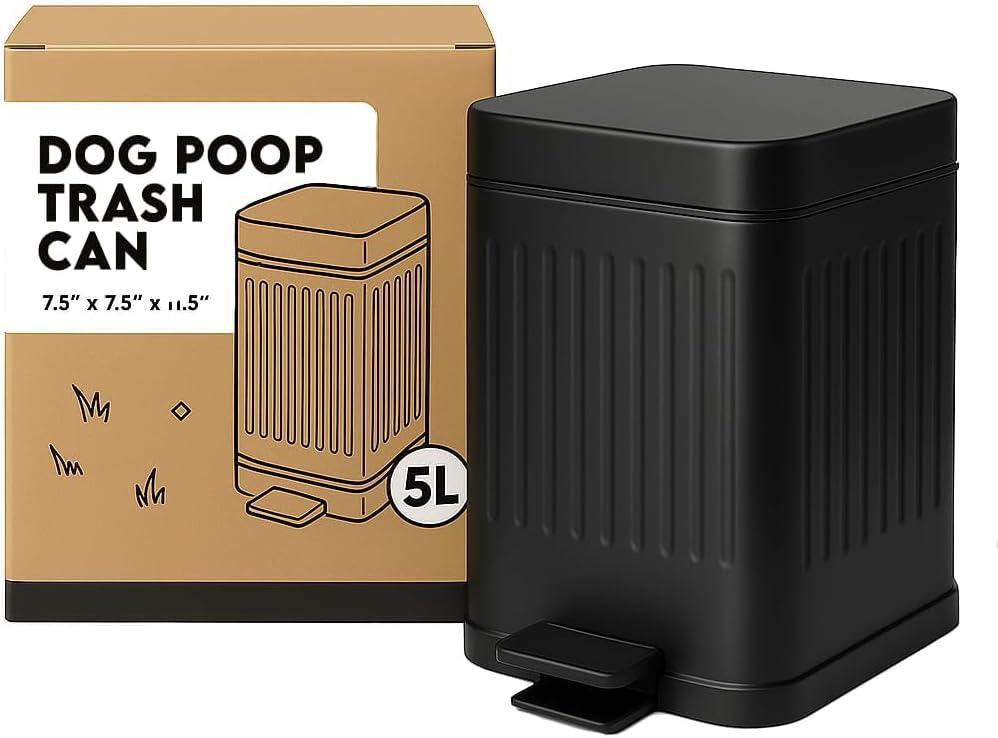 Small Dog Poop Trash Can Outside, 1.3 Gal Stainless Steel Dog Waste Trash Can, Waterproof Small Poop Bucket Outdoor with Lid, Poop Pail for Dogs, Dog Poop Bin Outdoor with Odor Control (Black)
