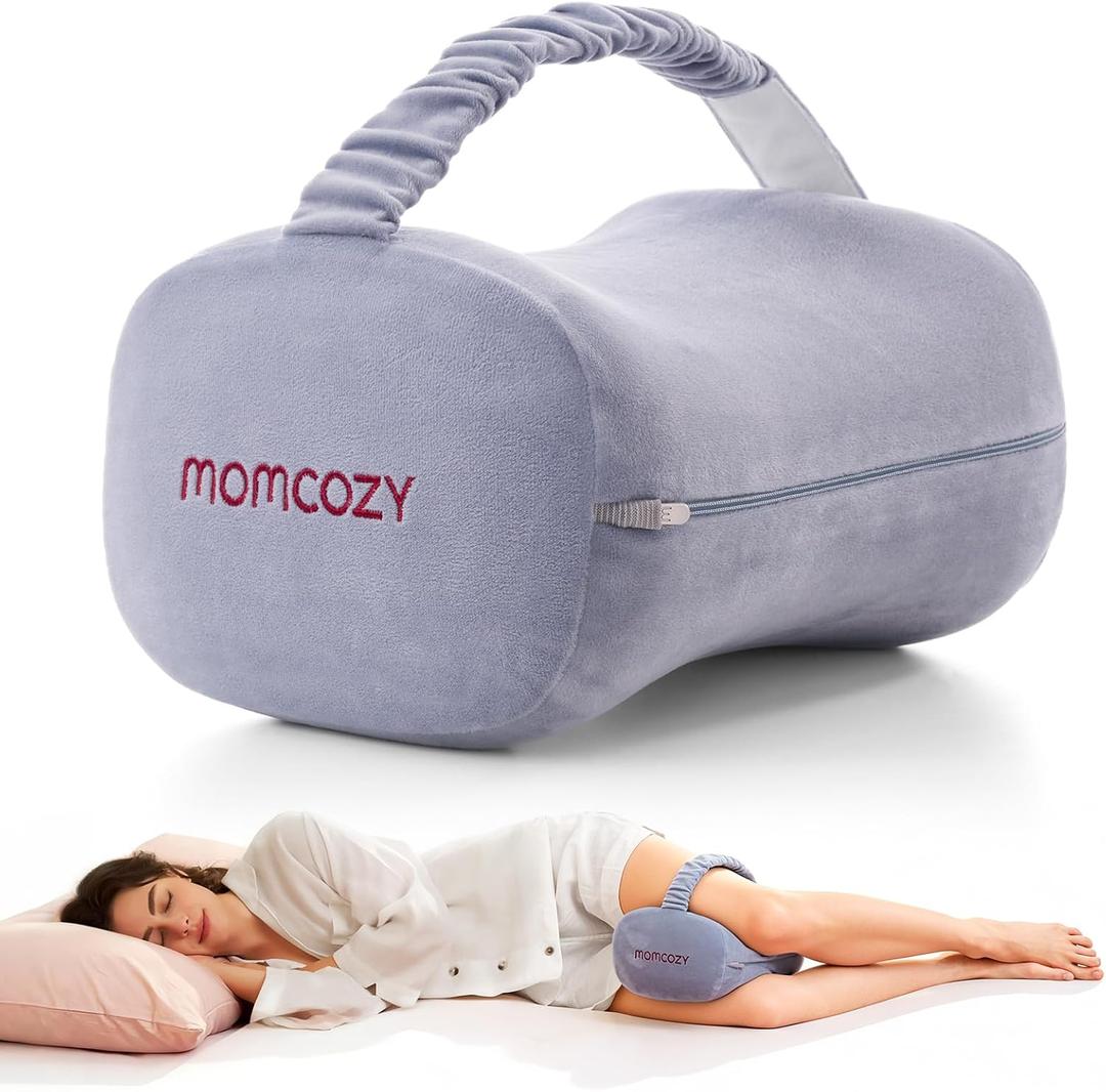 Momcozy Knee Pillow for Side Sleepers, Soft Memory Foam & Pinch-Free Design, Relieve Knee, Leg and Sciatica Pain, Adjustable Elastic Strap Ideal for Pregnant Women and Seniors, Crystal Velvet in Gray