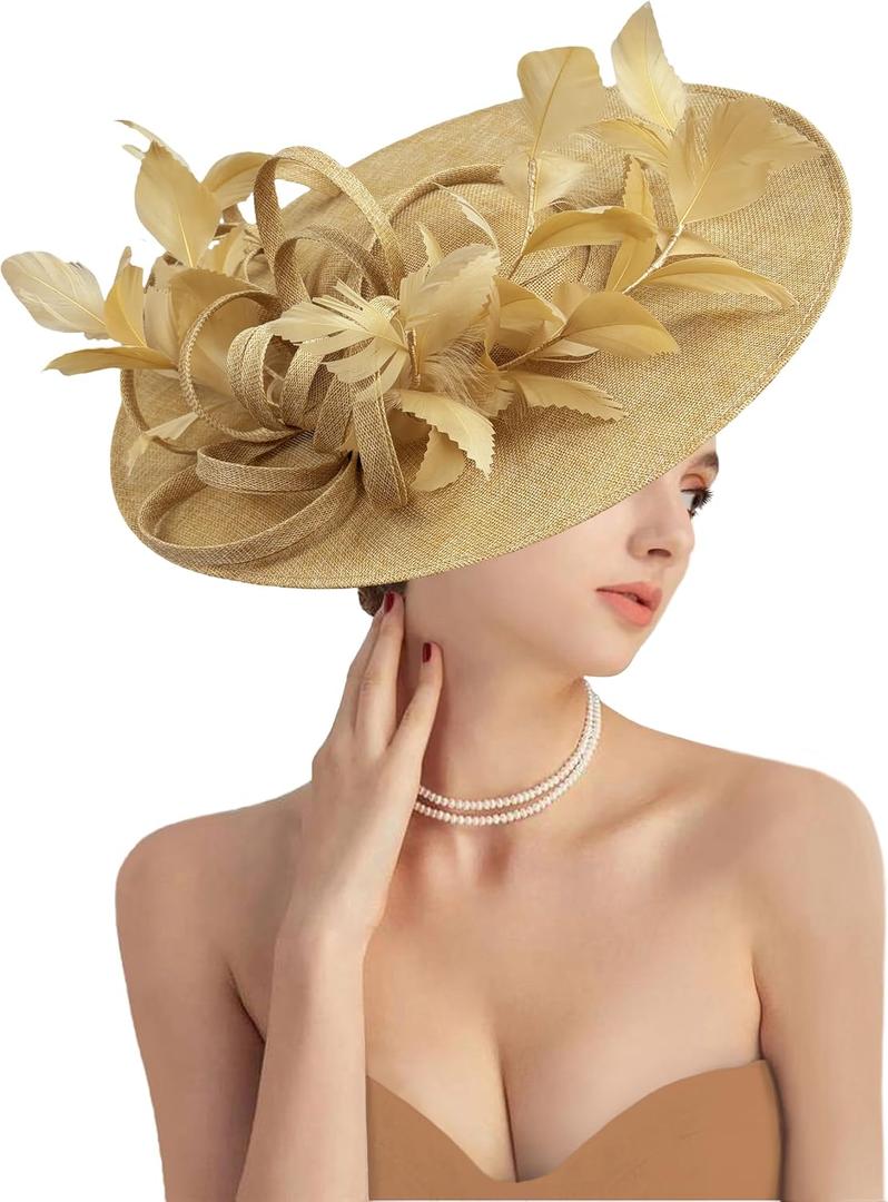 dressfan Fascinator Hats for Women,Linen Vintage Feather Headwear for Derby/Church/Wedding/Cocktail/Tea Party (Beige)