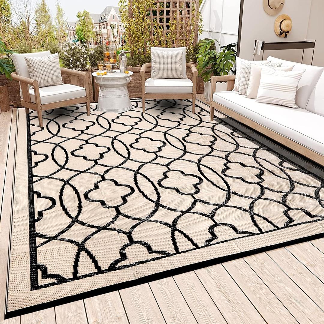 Reversible Mats - Outdoor Rugs 9'x12' for Patios Clearance, Plastic Straw Rugs Waterproof, Portable, Outdoor RV Camping Rug, Garden, Balcony, Picnic, Beach, Camping(Black & Beige)