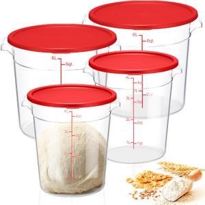 Suclain 4 Set 6 Quart 4 Qt Round Food Storage Containers with Lids Clear Proofing Container for Dough Bread with Scale Handle Home Restaurant Commercial Food Storage(Red)