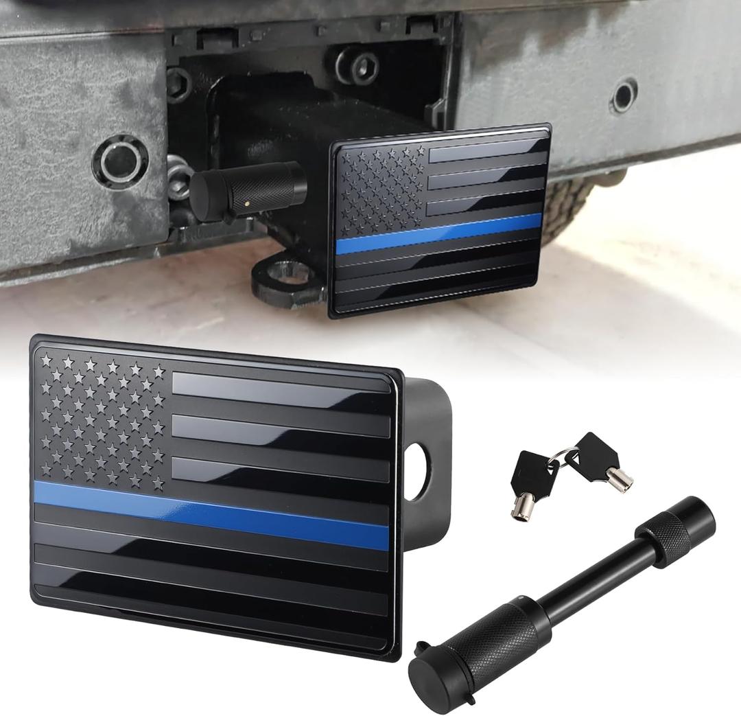 SINGARO Tow Hitch Cover, Heavy American Flag Metal Trailer Hitch Cover for 2 Inch Receivers, Ideal for Truck Accessories with 5/8-Inch Pin Diameter Trailer Hitch Lock (Blue)