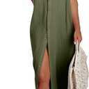 Dokotoo Womens Casual Short Sleeve Side Split Button Down Long Kimonos Cardigans Swimsuit Cover Ups Summer Beach Dress (Green, L)