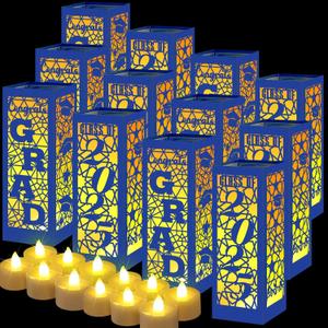 12 Pcs Graduation Table Centerpieces Boxes Class of 2025 Graduation Lanterns for Centerpieces with LED Candles Congrats Grad School College Party for Party Table Decoration (Blue)