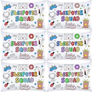 HunnmingRe 6 Pcs DIY Sleepover Pillowcase Supplies Coloring Sleepover Squad Pillow Covers Pajama Night Party Favors Color Your Own Slumber Pillowcase Arts Crafts for Birthday Overnight Gift