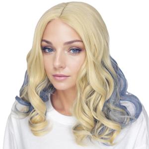 Linfairy Long Blonde with Blue Curly Wig Costume Halloween Party Wigs (Adult)