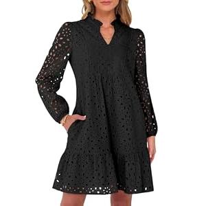Caracilia Womens Dresses Long Sleeve V Neck Eyelet Hollow Out Fall Casual Flowy Swing Boho Tiered 2026 Mini Short Dress Black, M