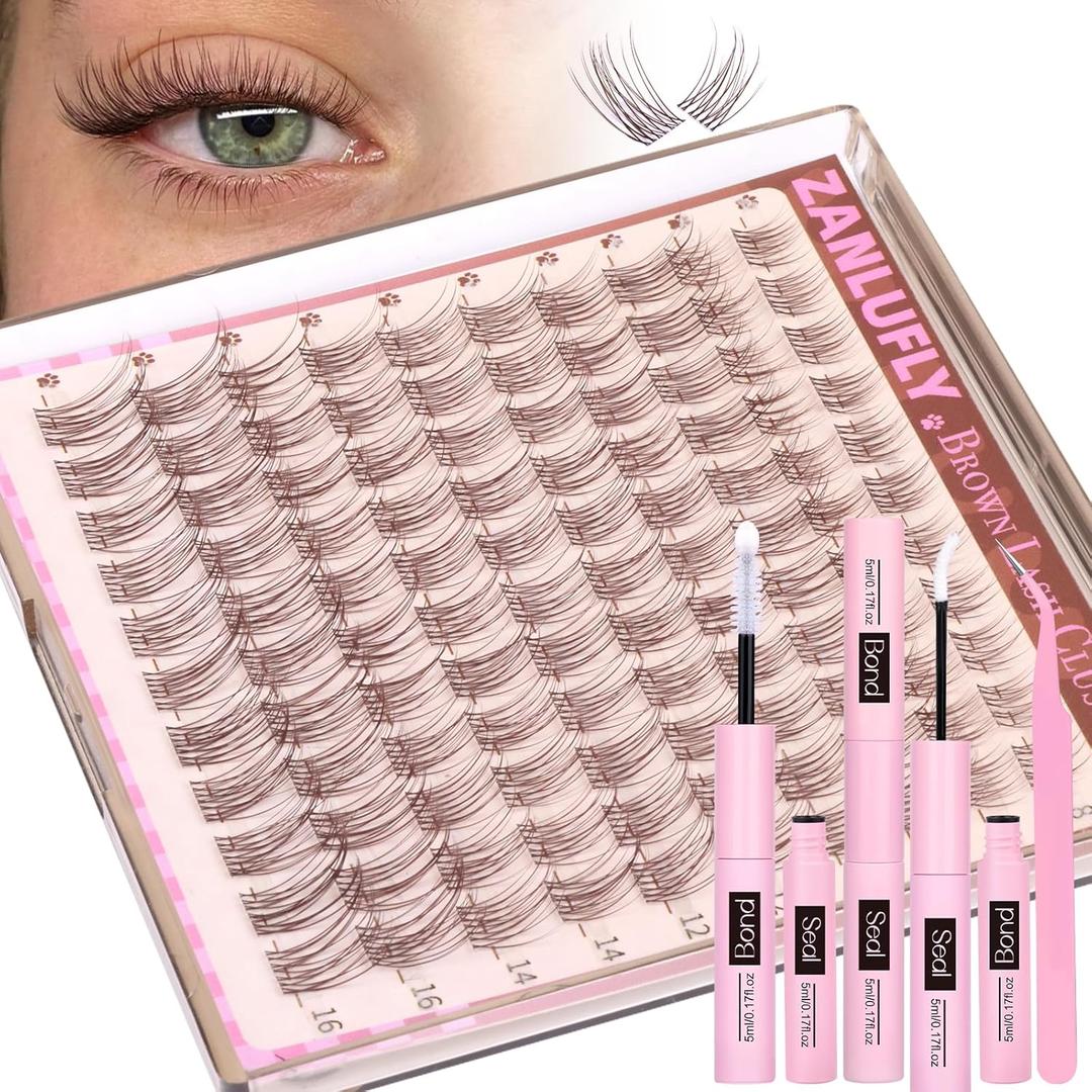 Brown Lash Clusters Kit Natural Dark Brown Eyelash Clusters Wispy Lash Extension Kit Brown Cluster Eyelash Extensions Kit 8-16MM DIY Individual Lashes with Lash Bond and Seal Tweezers by ZANLUFLY