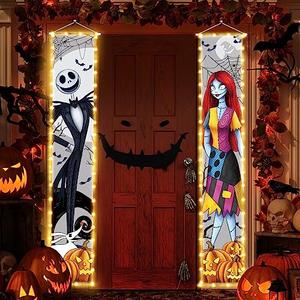 Jack Sally Lighted Banners Porch Signs Halloween Decor Christmas Nightmare Hanging Banner Halloween Decorations Outdoor Horror Poster for Indoor Before Party Wall Art Wallpaper Lights, 1 Piece