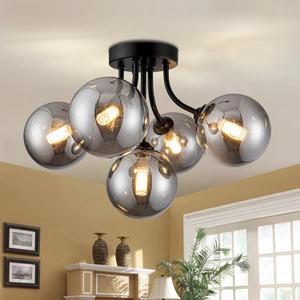 Sputnik Ceiling Light Fixture Black Globe Sputnik Chandelier with Smoke Glass 5-Light Modern Chandelier Farmhouse Chandeliers for Dining Room, Kitchen Island, Hallway, Foyer, Closet, 15" G9 Socket, 15.35inch