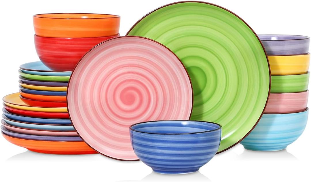 Selamica Ceramic Plates and Bowls Sets,24 Pieces Dinnerware Sets for 8,Scratch Resistant Dish Set for holiday gathering,Dishwasher & Microwave Safe, Dopamine colors