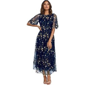 Crew Neck Floral Mother of The Bride Dress - A-Line Tea-Length Prom & Evening Gown with Short Sleeves Navy Blue 16 DR0590