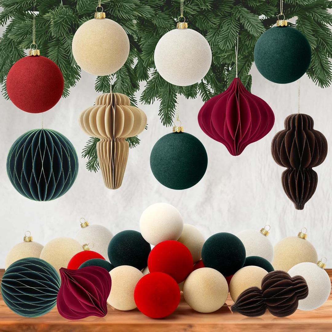 Soulchen 32 Pcs Flocked Velvet Christmas Ball Ornaments and Christmas Paper Ornaments for Tree 3D Paper Honeycomb Lanterns 2.36inch Hanging Decorations Ball for Xmas Holiday Party Decor(Multicolor)