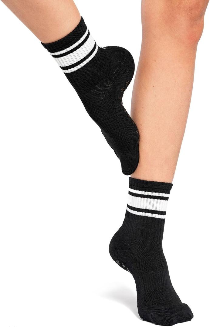 Kamo Fitness Pilates Socks with Grips for Women - Non-Slip Yoga, Barre Grip Sock - Grippy Cotton Crew Socks for Yoga, Ballet (Black & Ivory Contrast)