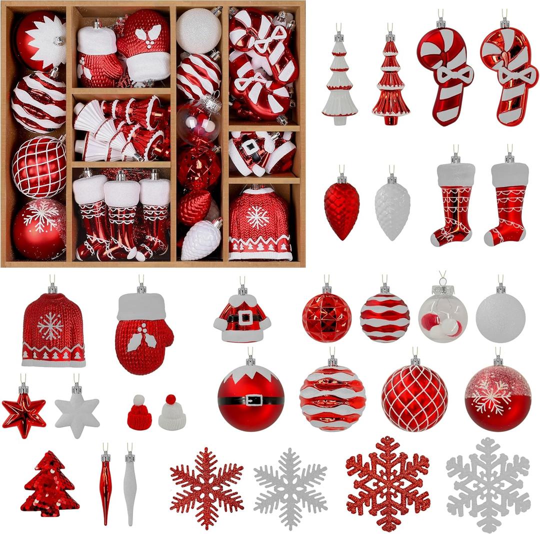 Alupssuc 85ct Christmas Balls Ornaments Set, Colorful Shatterproof Plastic Christmas Tree Ornaments, Xmas Decorative Baubles for Christmas Tree Decorations with Hanging Strings, Red & White