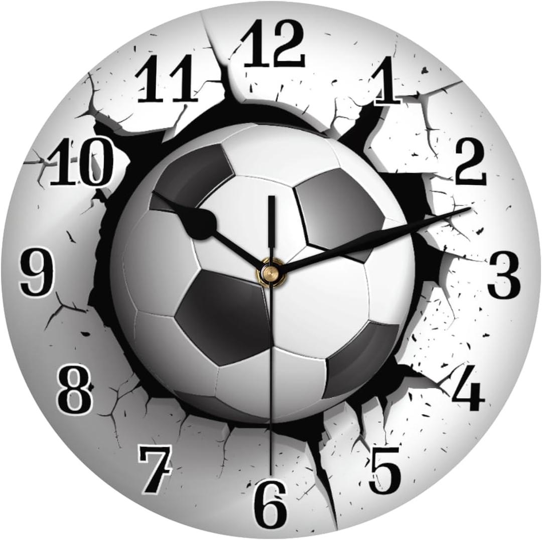 AUUXVA Sport Soccer Ball Print Round Acrylic Wall Clock, Silent Non Ticking Art Painting for Kids Bedroom Living Room Office School Home Decor