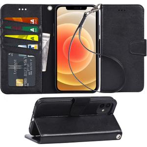 Arae Case for iPhone 12 / iPhone 12 Pro 6.1 inch Wallet Case Flip Cover with Card Holder and Wrist Strap for iPhone 12 / iPhone 12 Pro 6.1 inch - Black