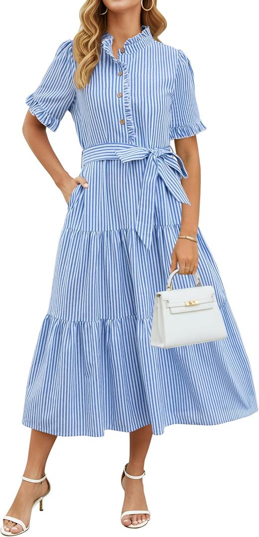 Womens Striped Summer Dress Elegant Ruffled Sleeve Button Down Tie Waist Maxi Shirt Dresses (Blue, XL)
