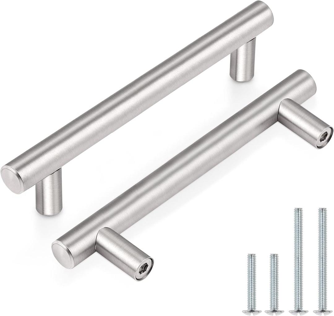 Probrico Drawer Pulls, Kitchen Cabinet Handles Stainless Steel Satin Nickel Furniture Dresser Hardware,6 Inch Total Length Euro T Bar, 30 Pack - Hole Center 3.75 Inch(96mm), Brushed Nickel