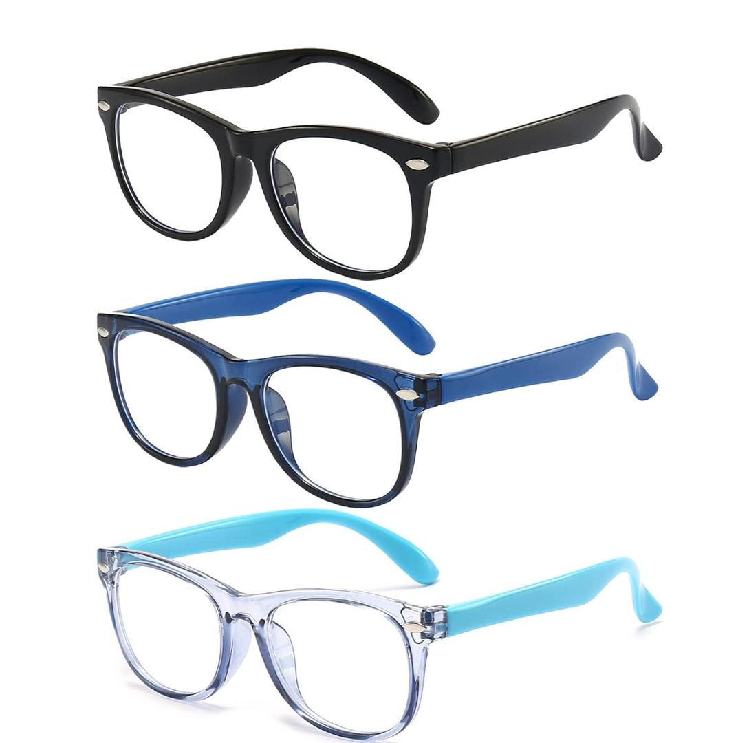 3 Pack kids Blue Light Blocking Glasses For Girls And Boys Computer Blue Light Blocking Glasses For Age 3-9 (Black + Dark blue + Light blue)