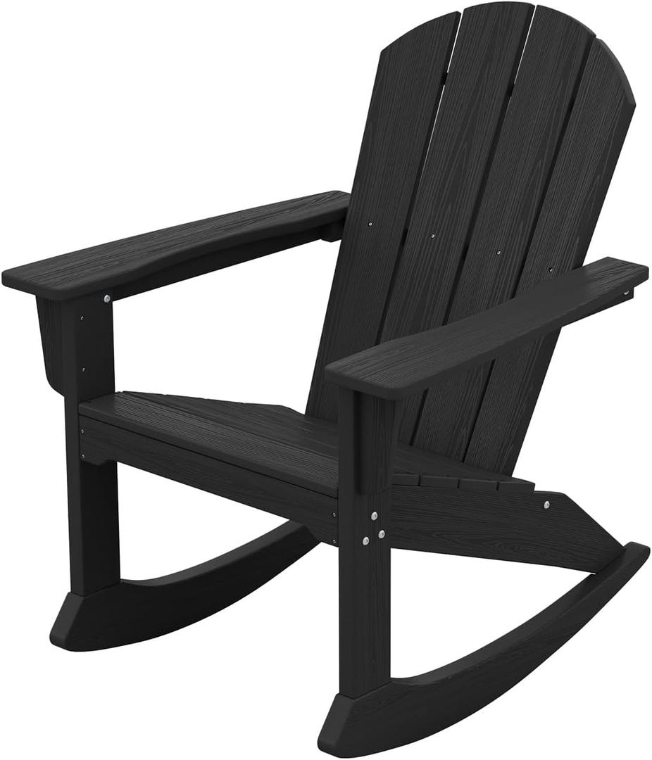 SERWALL Modern Rocking Adirondack Chair, HDPE Outdoor Rocking Chair, All Weather Patio Rocker Chair for Porch, Lawn, Garden, Backyard, Black (1 Pack)