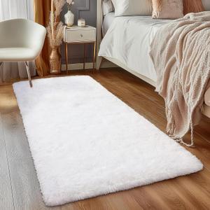 FVVRAX 2x6 ft Ultra Soft Shag Area Runner - Plush Fluffy Non-Shedding Rug for Bedroom & Living Room, Modern Home Decor Bedside Carpet for Kids Nursery Dorms, Easy Clean, White