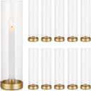Romadedi Glass Hurricane Candle Holders Gold - 12 Inch Taper Candlestick Holder Bulk Clear Glass Cylinder Table Centerpiece Wedding Decor Party Birthday Christmas Home Decorations, Set of 10
