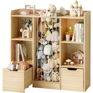 Toy Storage Organizer with Stuffed Animal Storage, Solid Pine Wooden Toy Organizer & Stuffed Animal Zoo, 4 Cubes Shelf with 2 Movable Drawers, 4 -in-1 Book Shelf for Kids Room, Playroom, Nursery