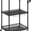 Rolling Kitchen Cart with Wheels, 3 Tier Metal Utility Cart with Wood Tabletop Heavy Duty Wire Rolling Kitchen Island Storage for Pantry Bar Microwave with Handle & Shelf Liners, Black