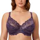 DELIMIRA Women's Plus Size Full Coverage Lace Underwire Unlined Bra Up to J (38G, Deep Plum)