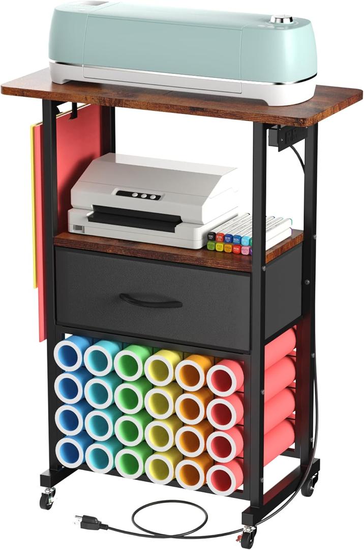 Rolling Craft Cart with Charging Station & Fabric Drawer, 24 Vinyl Roll Holders, Compatible with Cricut Maker, Cricut Organization for Craft Room, Blue Metal Frame, Vintage