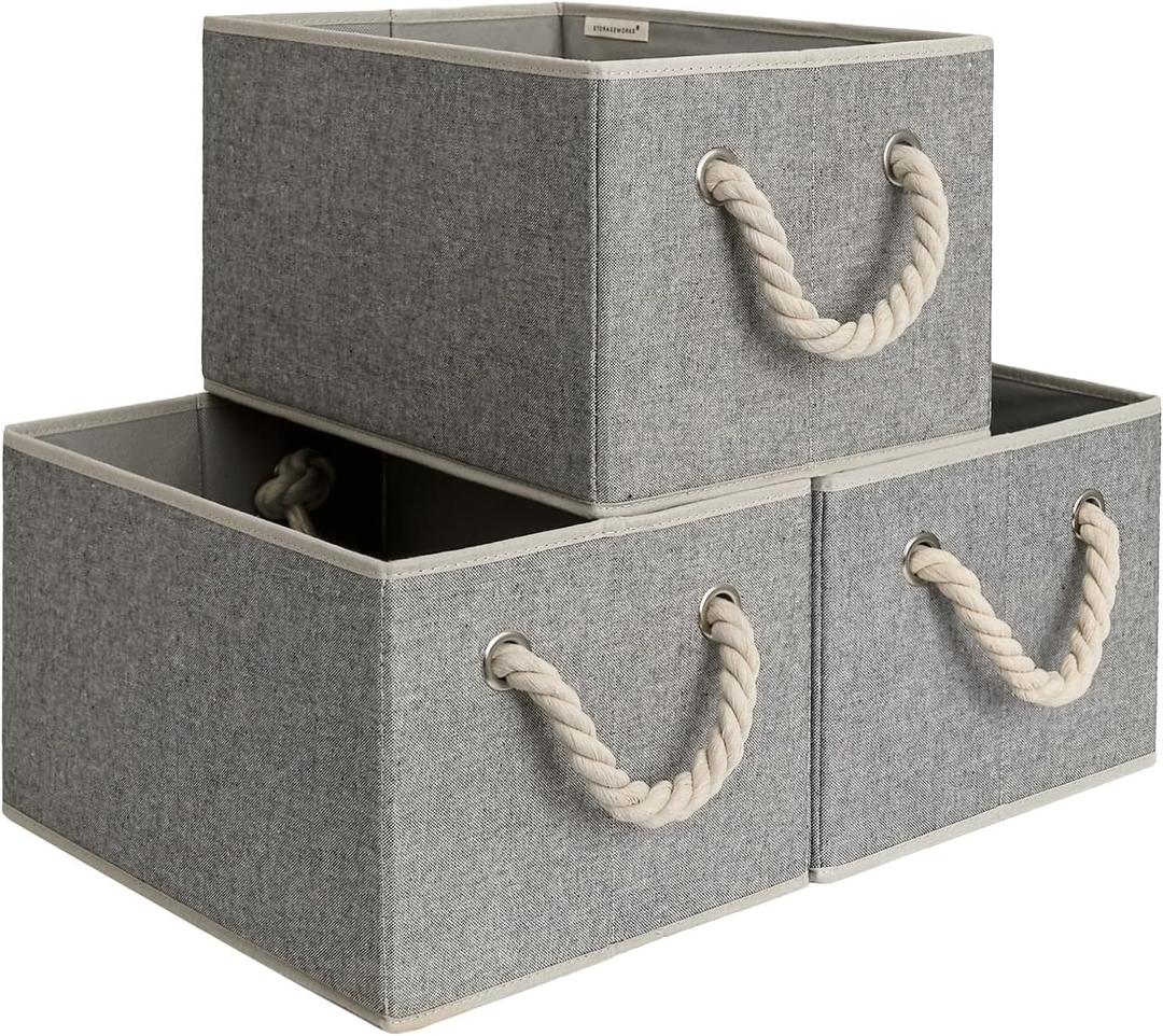 StorageWorks Storage Baskets for Shelves, Foldable Fabric Closet Storage Bins with Handles, Fabric Storage Bins Clothes Organizer, Gray, 3-Pack, Medium (14 " L x 10 " W x 8" H)