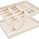 Beige Velvet Jewelry Tray for Drawers Black Jewelrys Display Tray Stackable Jewelry Organizer Trays for Necklace Bracelet Ring Watch (2 Pack)