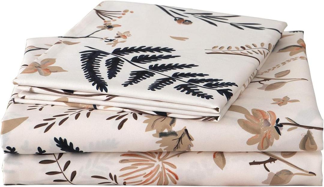 JSD Boho Floral Printed Sheet Set Queen Size 4 Piece, Soft Botanical Pattern Microfiber Sheets Extra Deep Pocket (Leaf 1)