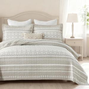 Boho Quilt Set Queen, 100% Cotton Quilt Bohemian Bedspread Striped Printed Lightweight Comforter Set Quilted Coverlet Queen Bedding for All Season 3 Pieces,Beige (Queen(90" x 98")