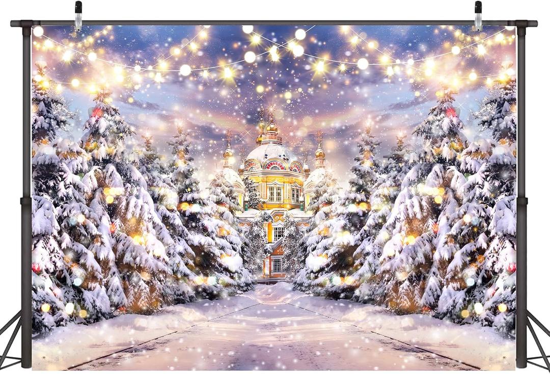 10x6 FT Snow Scene Christmas Pine Tree Shining Stars Photography Background Fuzzy House Winter Wonderland Forest Background for Family Festival Decorations Photo Studio Props (Golden-Castle)