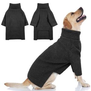 Queenmore Turtleneck Long Sleeve Knitted Sweater with Check Pattern, Warm Dog & Cat Sweater, Charcoal Gray, 2XL