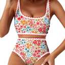Herseas Women's Bikini Sets Floral Print Whip Stitch 2 Piece Swimsuits High Waisted Scoop Bathing Suits, Small