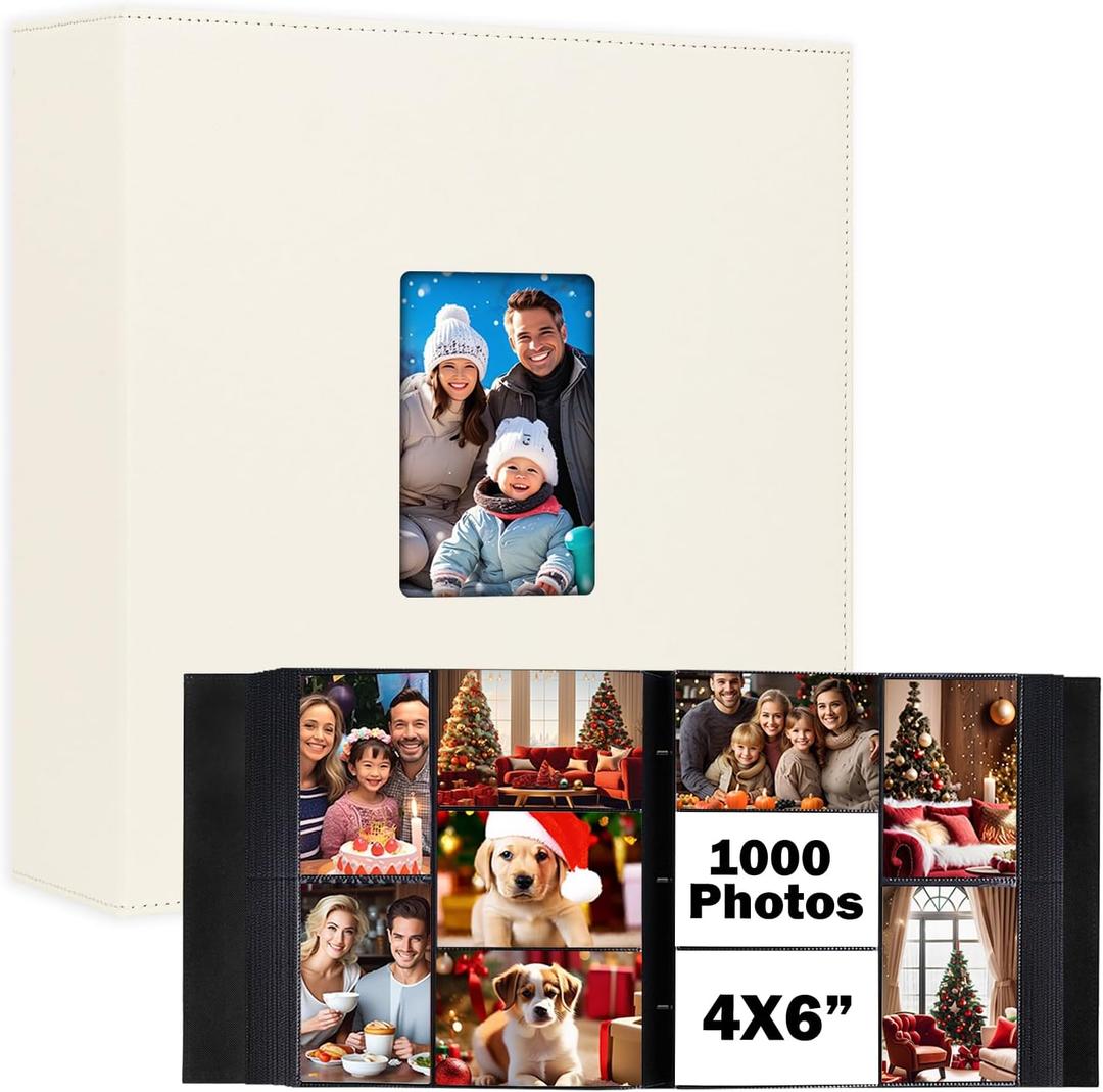 Photo Album 4x6 1000 Pockets, Extra Large Capacity Linen Cover with Front Window 4 x 6 Picture Album Holds 1000 Horizontal and Vertical Photos, Acid-free Pages 4x6 Wedding Family Photo Album (Beige)