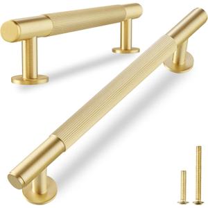 QOGRISUN 5-Pack Solid Brass Cabinet Pulls, Grooved Gold Bar Handles, 5-Inch Hole Center for Kitchen Drawer Dresser Cupboard, 6.5-Inch Total Length, Brushed Brass Finish Eleganza