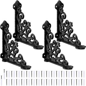 Blulu 4 Pack Decorative Shelf Brackets, Cast Iron Brackets 3 7/8" x 3 7/8" Heavy Duty Metal Shelving Bracket for Bookshelf Wall Mount, Antique Style L Shelf Bracket for DIY Floating Shelves(Black)
