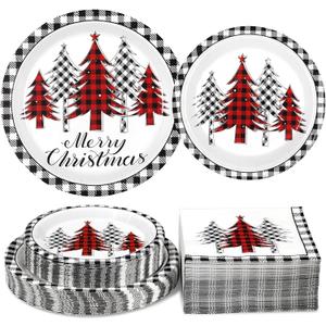 Homlouue 200PCS Merry Christmas Paper Plates and Napkins Set, Red & White Christmas Tree Plates and Napkins, Disposable Dinnerware Set for 50, Xmas Party Decor