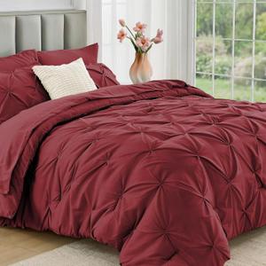 JOLLYVOGUE King Size Comforter Set 7 Pieces - Bed in a Bag King for All Season, Pintuck Bedding Comforter Sets with Comforter, Flat Sheet, Fitted Sheet and Pillowcases & Shams, Burgundy