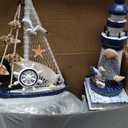 Yousoontic 14 Pack Mini Wood Nautical Home Decor Mediterranean Style Lighthouse, Beach Chair, Sailboat, Wood Box, Anchor, Life Ring, Starfish, Fish Pendant, Swimming Ring, Long Conch, Helmsman, Birds