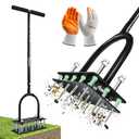 Saker Manual Lawn Aerator Tool with 15 Iron Spikes Adjustable Height, Double-Layer Spring, Heavy-Duty Iron Lawn Aerator Tool with Gloves for Loosening Soil Aerating Patio, Yard, Garden Black