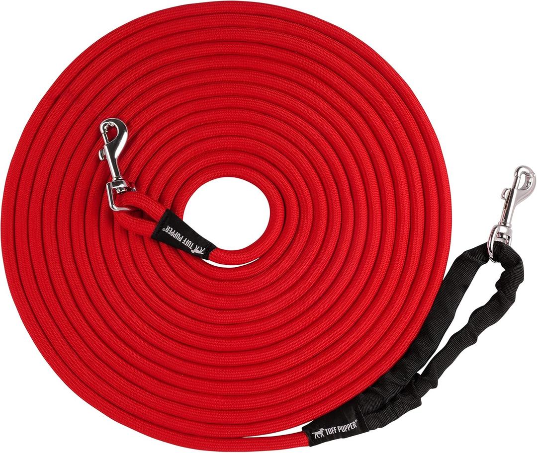 Tuff Pupper Heavy Duty 30 Foot Long Rope Leash for Dogs | Dog Recall Training Lead | High Visibility Strong Climbing Rope Leash | Hand or Waist Worn | Stainless Steel 360 Clips for Tangle Free Use (March Red)
