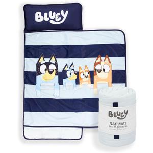 Jay Franco Kids Nap Mat with Embedded Pillow & Blanket  Soft 46"x20" Microfiber Sleeping Bag with Name Tag & Handle for School, Travel, Sleepover (Blue - Bluey)