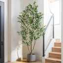 6FT Artificial Olive Tree with Realistic Leaves & Natural Trunk, Faux Silk Olive Plant in White Planter, Tall Fake Tree for Modern Home Office Living Room Entryway Corner Decor, Maintenance Free