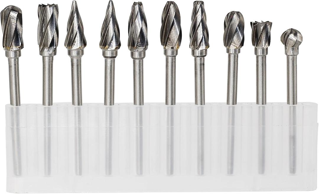 1/8 inch Carbide Burr Set - 10pcs Aluma Cut Carbide Rotary Burrs for Aluminum 3mm Shank Fits Die Grinder Drill for Woodworking,Drilling, Aluminum Craving,Engraving, Polishing