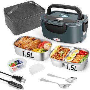 Electric Lunch Box 80W Food Warmer for Work, 12V/24V/110V Portable Lunch Warmer for Adults with 2-Pack Stainless Steel Containers, Heated Lunch Box for Car/Truck/Office/Outdoors (Grey+Black)
